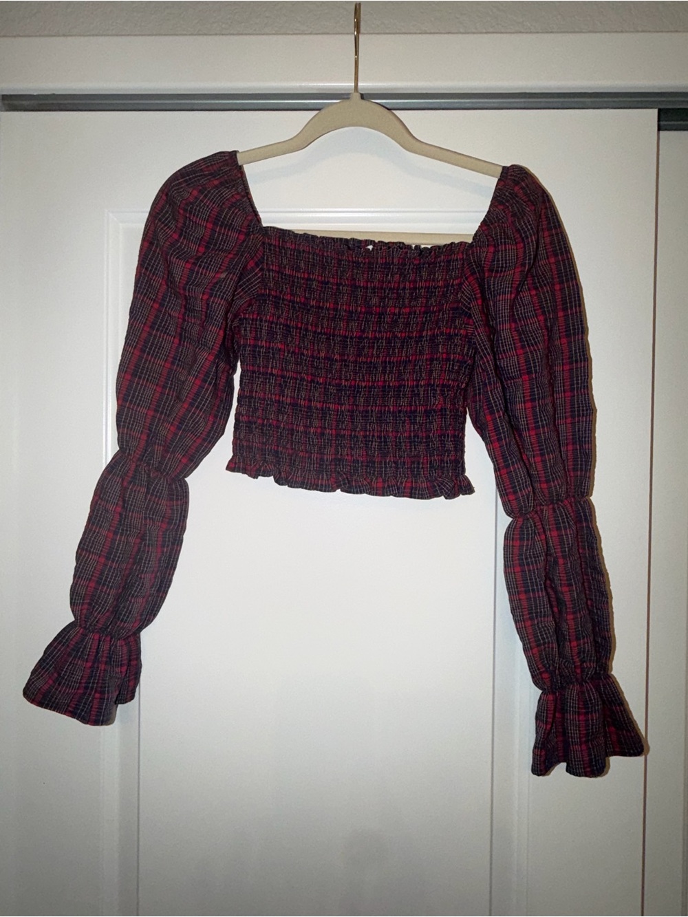 Zara Red and Black Smocked Plaid Off-Shoulder Crop Top